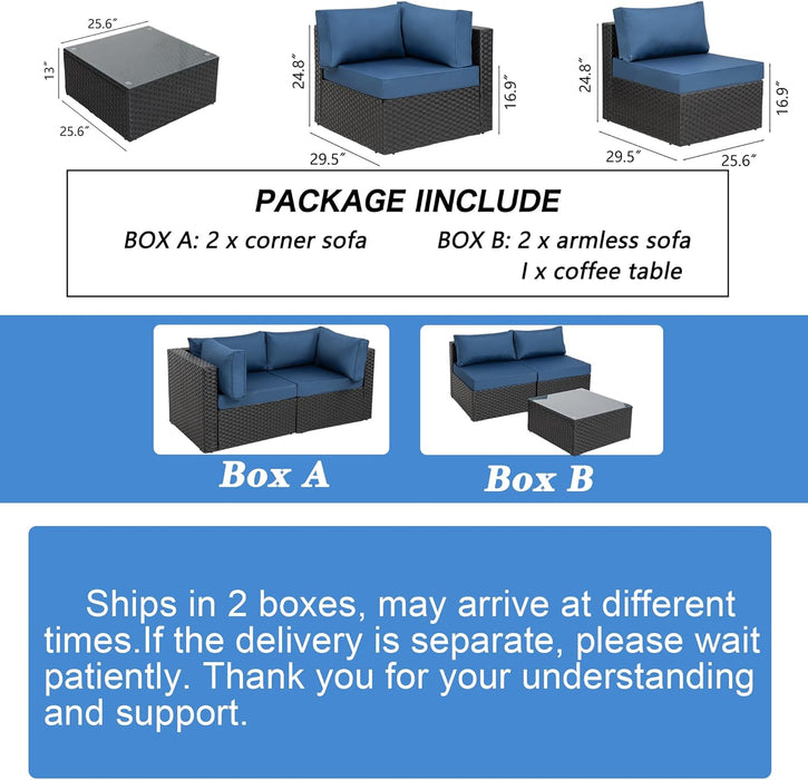 5 Pieces Outdoor Patio Sectional Sofa Couch, Black PE Wicker Furniture Sets, Patio Conversation Sets with Washable Cushions Glass Coffee Table for Garden, Poolside, Backyard, Aegean Blue