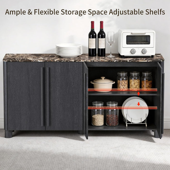 65" Sideboard Buffet Cabinet with Storage, Faux Marble Top Credenza with Adjustable Shelves, Curved Accent Cabinet with round Legs for Living Room, Entryway, Coffee Bar, Black Grey
