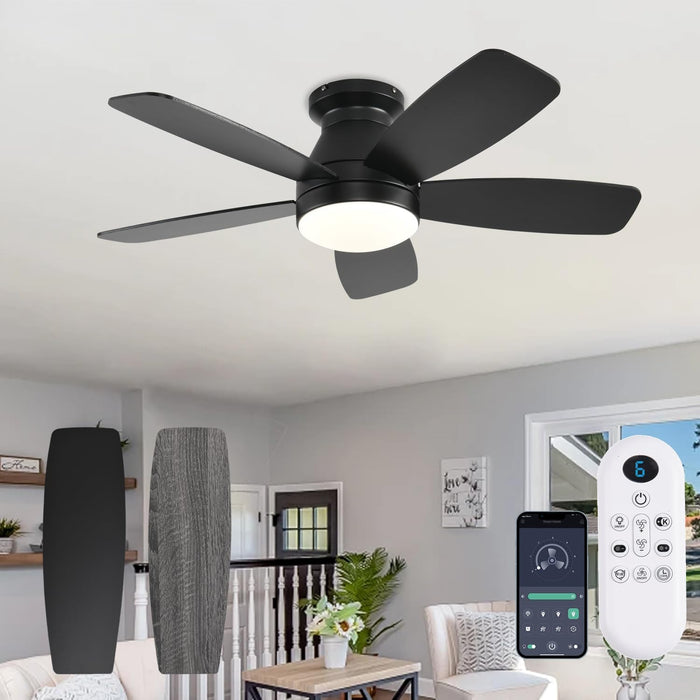 42Inch Ceiling Fans with Lights, Low Profile Ceiling Fan with Light and Remote Control, Flush Mount, Reversible DC Motor, Dimmable, Quiet, Black Small Ceiling Fan for Bedroom Indoor/Outdoor Use
