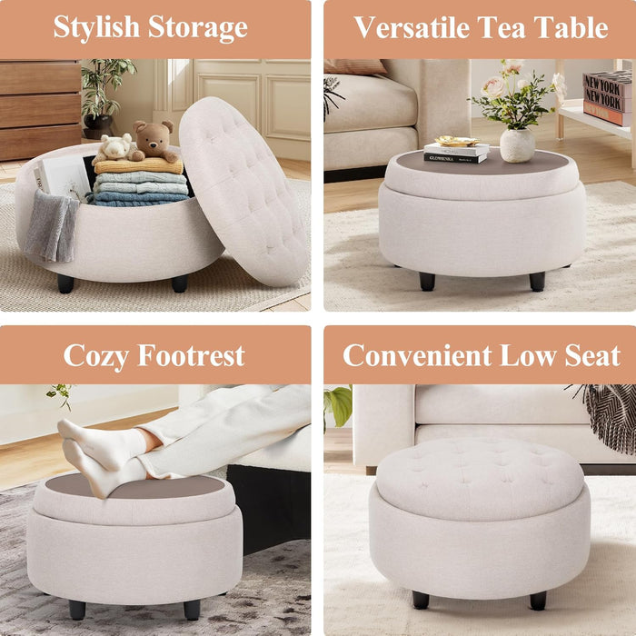 Fabric round Storage Ottoman with Reversible Tray Lid – Multi-Functional Footrest, Hidden Storage, Sturdy & Stylish Small Coffee Table for Living Room, Bedroom, or Entryway(Beige)