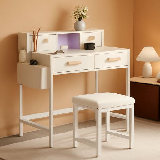 Vanity Desk with Lighted Strip & Charging Station, Makeup Table with 4 Drawers and Padded Stool, Mirror Not Included