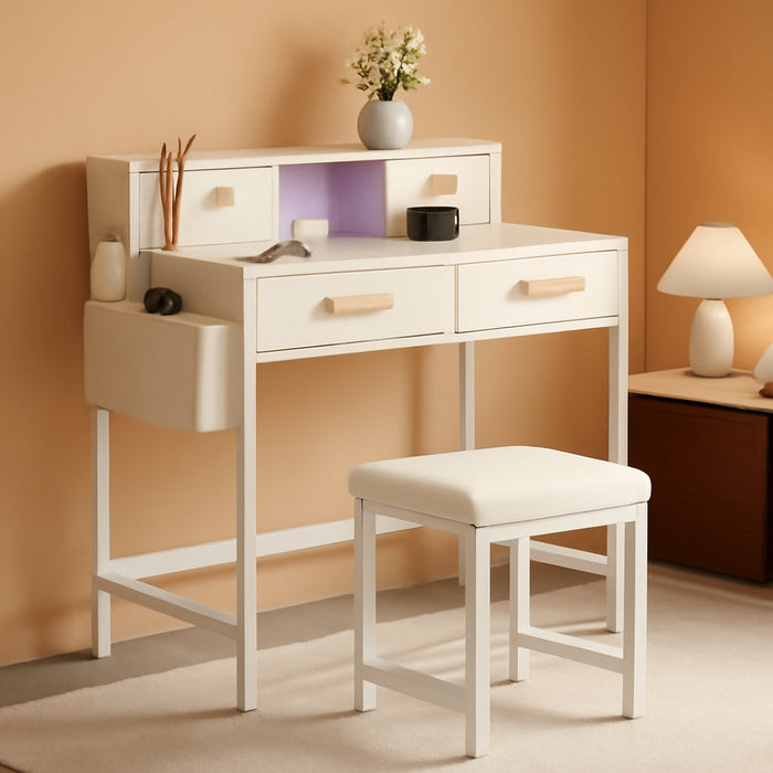 Vanity Desk with Lighted Strip & Charging Station, Makeup Table with 4 Drawers and Padded Stool, Mirror Not Included