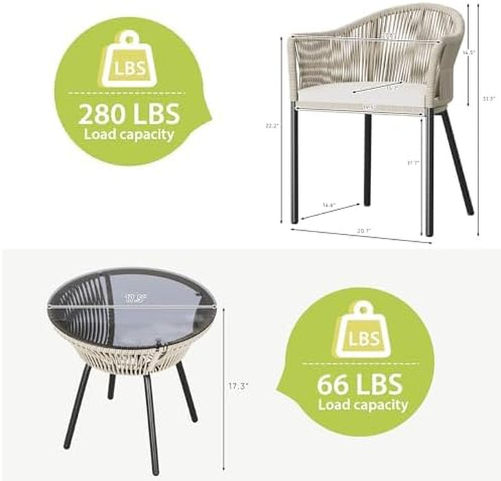 3 Piece Patio Set Outdoor Wicker Patio Chairs with Coffee Table & Cushions Bistro Conversation Set Porch Furniture for Patio, Balcony, Deck, Backyard