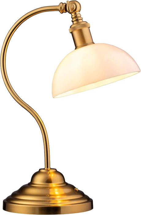 Bankers - Cordless LED Table Lamp, Battery-Operated, Rechargeable, 3-Level Dimming, Universal USB-C Charging, 180° Swivel Head, White Jade Glass Shade, Antique Brass