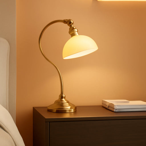 Bankers - Cordless LED Table Lamp, Battery-Operated, Rechargeable, 3-Level Dimming, Universal USB-C Charging, 180° Swivel Head, White Jade Glass Shade, Antique Brass
