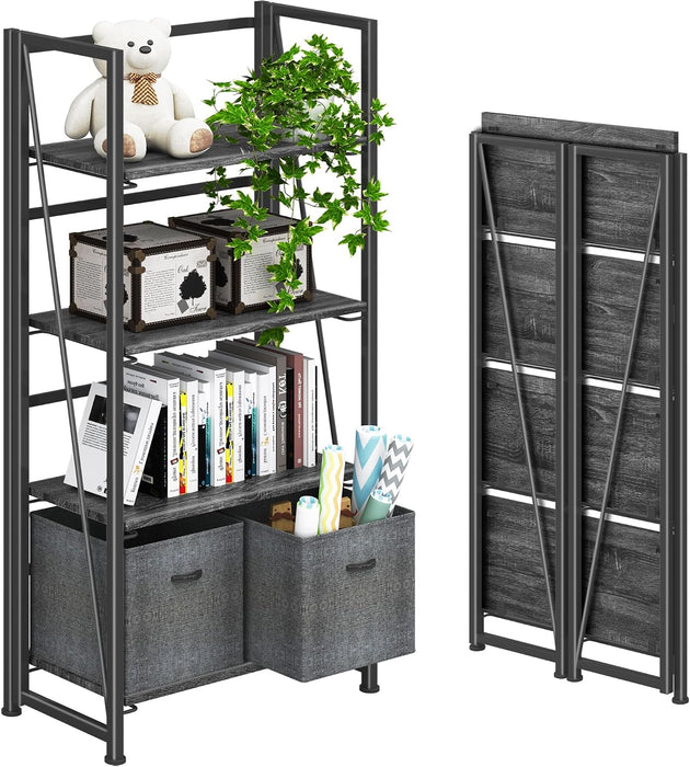 No Assembly Folding Bookshelf Storage Shelves 4 Tier Vintage Bookcase Standing Racks for Bedroom Living Room Home Office
