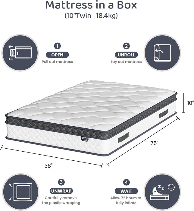 Twin Size Mattress, 10 Inch Twin Hybrid Mattress in a Box with Individual Pocket Spring & Memory Foam, Medium Firm Comfort for Pressure Relief, Fiberglass Free, Motion Isolation, Certipur-Us Certified