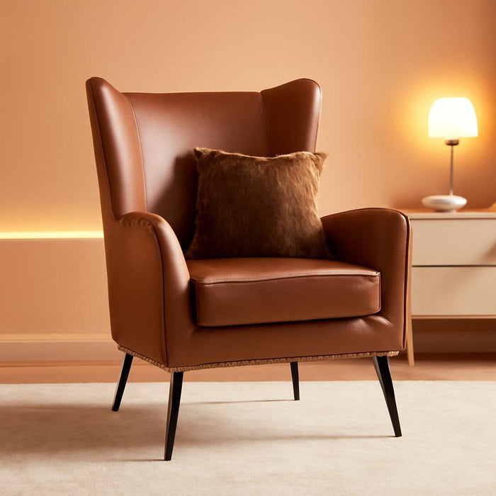 Faux Leather Accent Chair W/Removable Cushion, Comfy Upholstered Armchair with Black Metal Legs & Nailhead Trim Wingback Vanity Chair Desk Chair for Reading Living Room Bedroom, Camel