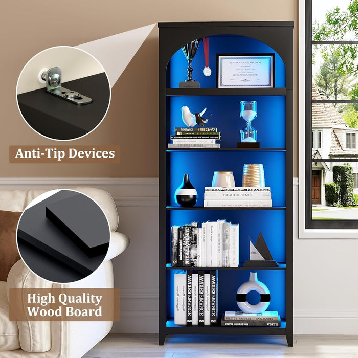 70" Arched Bookshelf with LED Lights, 5-Tier Storage for Displaying