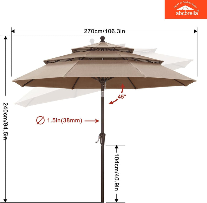 OLEFIN® 5-Year No Fading 9FT 3 Tiers Patio Umbrella, Outdoor Table Umbrella with 8 Sturdy Ribs for Deck, Backyard, Garden, Yard (Khaki)