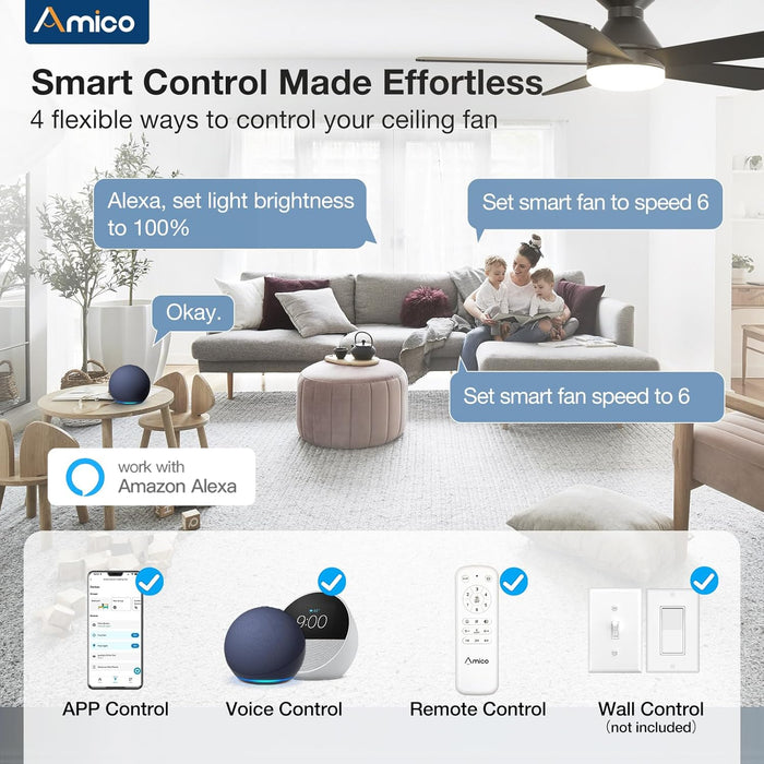 42 Inch Smart Ceiling Fans with Lights, Small Low Profile Ceiling Fan, Remote/Alexa Voice Control, Flush Mount, Reversible DC Motor, 5 Blades, 6 Speeds, 3CCT, Dimmable, Noiseless, Bedroom, Black