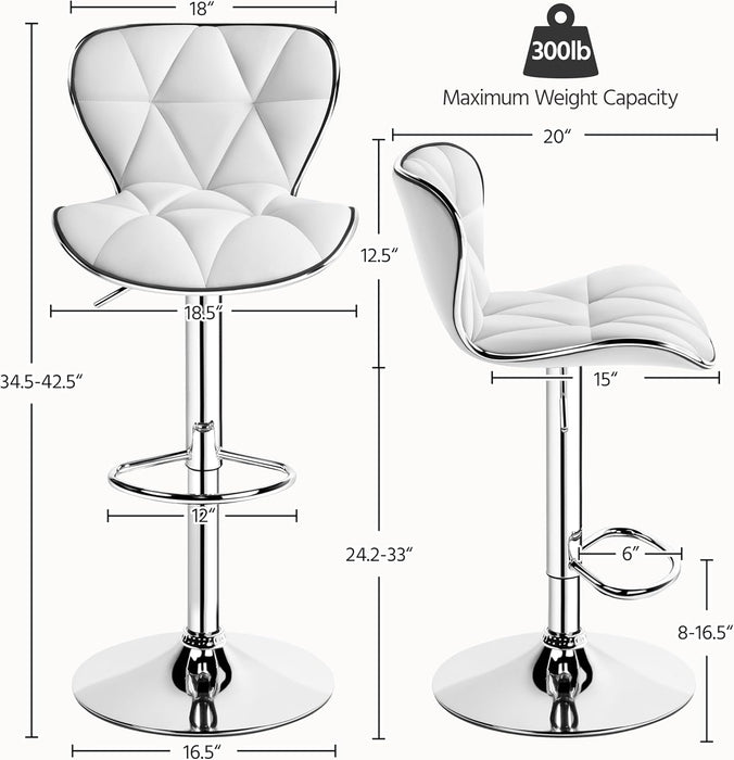 Bar Stools Set of 2, Island Chairs Shell Back, PU Leather Adjustable Barstools, Swivel Bar Chairs with Footrest for Home Kitchen, White