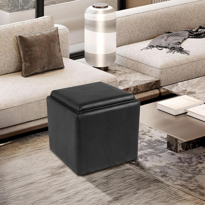 Home Decor Storage Ottoman with Tray Top|Upholstered Modern Square Storage Ottoman with Storage for Living Room & Bedroom, Black Faux Leather