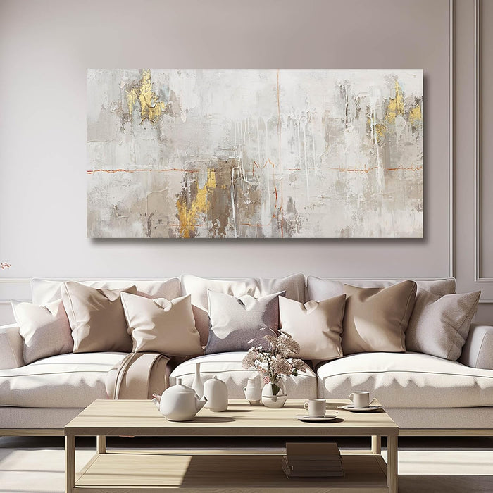 White Abstract Artwork Home Decor Textured Wall Art for Office Master Bedroom Wall Decor Gold Painting for Walls 24X48 Inch Living Room Picture