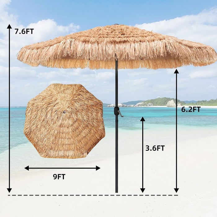 9Ft Hula Thatched Tiki Umbrella Hawaiian Style Beach Patio Umbrella and 8 Ribs with Crank Lift UPF 50+ Outdoor Tiki Bar, Tropical Palapa, Patio Garden Beach Pool Backyard Natural Color