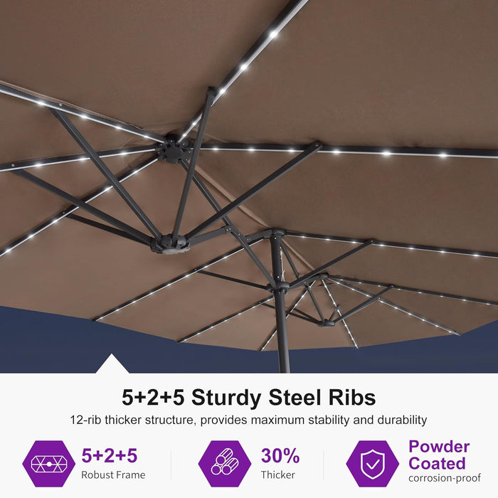 15Ft Double-Sided Patio Umbrella with Base and Solar Lights Outdoor Market Umbrella with Crank Handle Rectangle Umbrella for Backyard Pool Garden Deck, Taupe