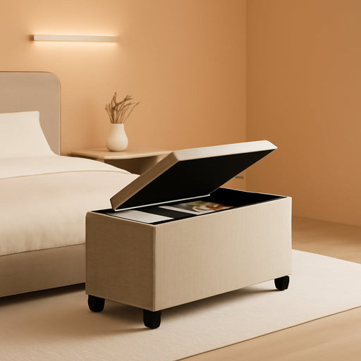 Multi-Functional Ivory Ottoman with Storage Bins