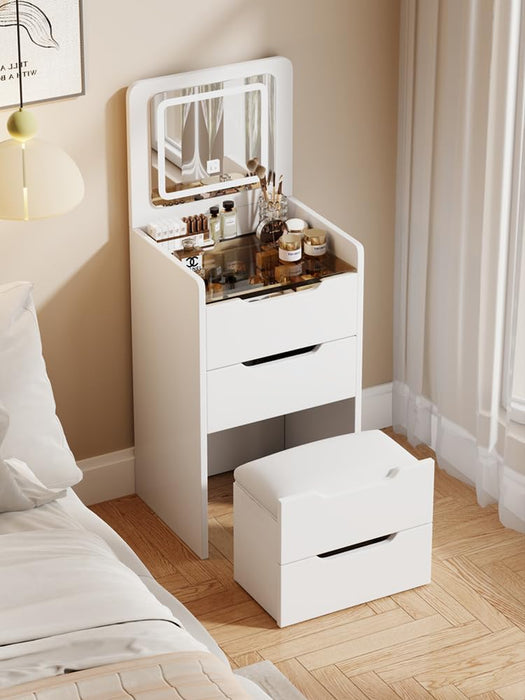 3 in 1 Vanity Desk with Plip Top Mirror and Lights, 18.9" Small Make up Vanity Set with Visible Glass Desktop,Compact Makeup Vanity with 3 Drawers,Dressing Table for Bedroom,White