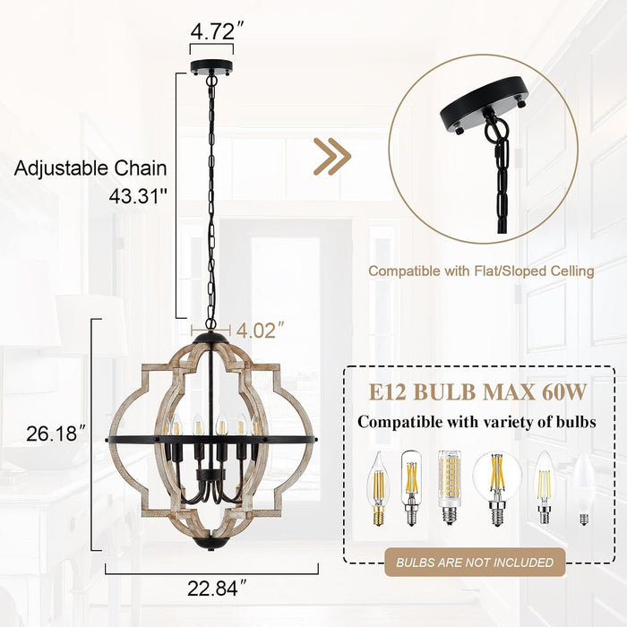 6-Light Farmhouse Chandelier for Dining Room Wood Pendant Lighting