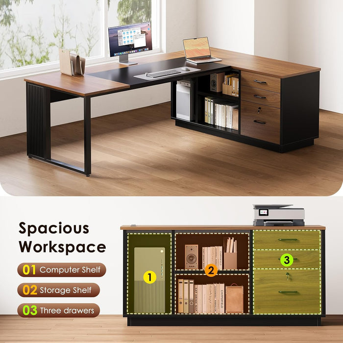 Executive 71 Inch L Shaped Desk with File Cabinet, Walnut+Black