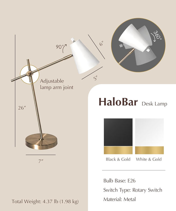 Halobar Brass Desk Lamp Home Office – White Industrial Table Lamp with Solid Base for Office, Reading Lamps for Bedside Table, Study and Reading Task Lamp, Gifts for Adults