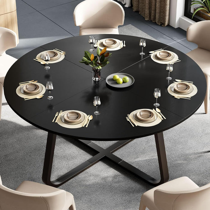 51 Inch Black round Dining Table, Modern Wood Metal Kitchen Table, Industrial Small Dinner Room for 4 to 6 People, Circle Coffee Dining Room for Home Kitchen Living Room, Black Oak