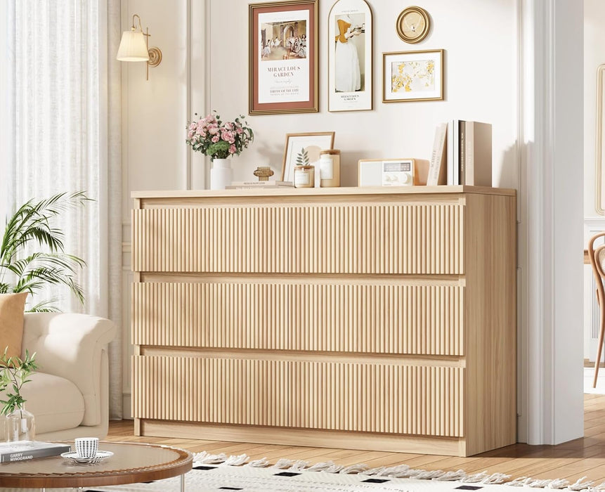 6 Drawer Fluted Dresser, Modern Chest of Drawers for Bedroom with Hidden Handles, Wood Storage Organizer Cabinet for Living Room & Entryway, Oak (15.7" D X 47.3" W X 31.6" H)