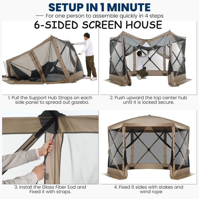 12'X12' Pop-Up Gazebo Outdoor Camping Tent with 6 Sides Mosquito Netting, Waterproof, UV Resistant, Portable Screen House Room, Easy Set-Up Party Tent with Carry Bag, Ground Spike, Khaki