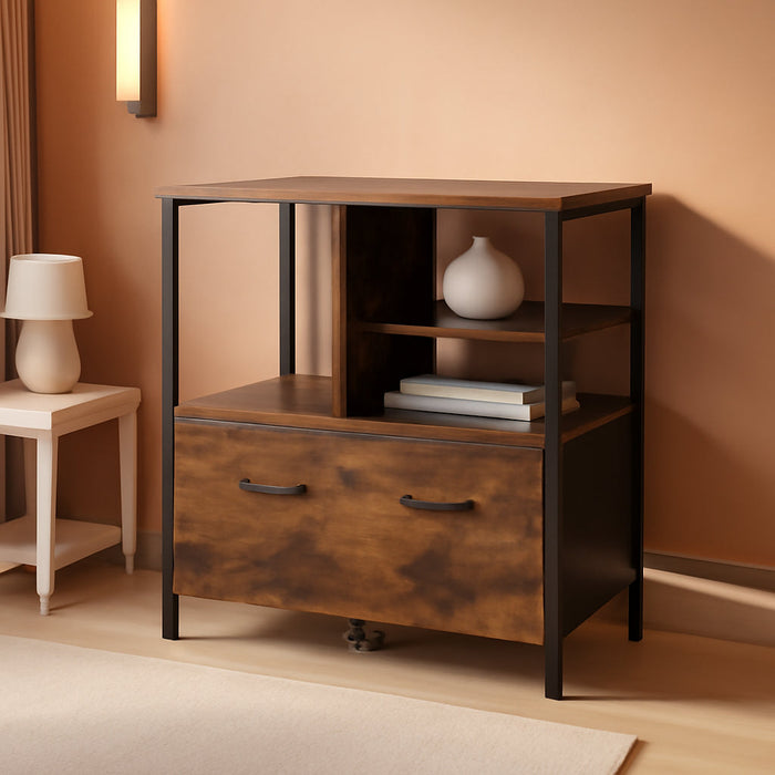 Lateral File Cabinet for Home Office, Filing Cabinet with Open Shelves and Drawer, for A4, Letter and Legal Sized Documents, Printer Stand, Rustic Brown and Black UOFC043B01