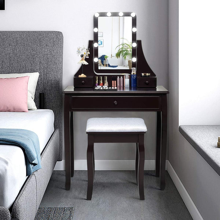 Vanity Set with Lighted Mirror, Makeup Table with 10 LED Dimmable Bulbs, 3 Drawers, 2 Dividers, Modern Bedroom Dressing Table Vanity Desk with Stool for Women Girls (Espresso)