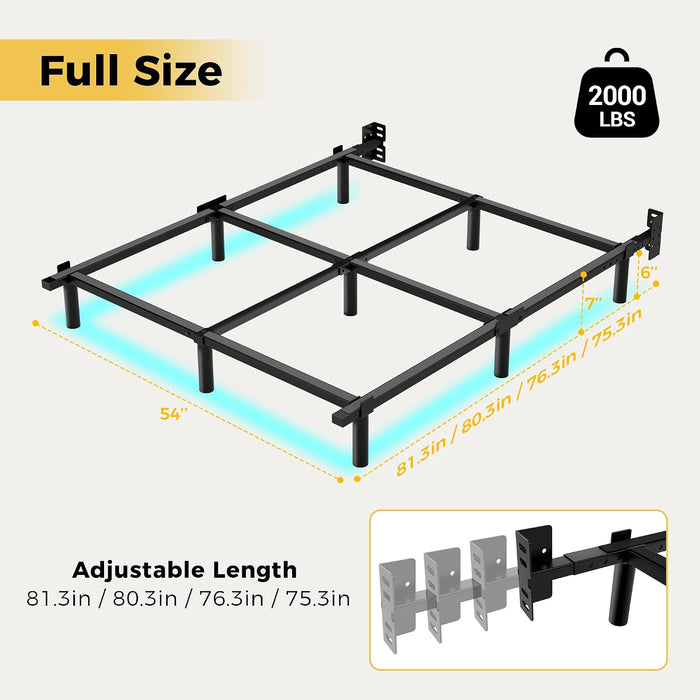 Full Bed Frame with LED Lights, 7 Inch Heavy Duty Metal Base for Box Spring