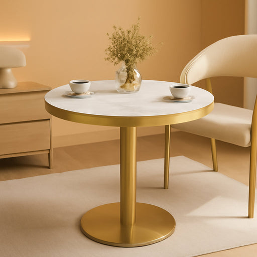 31.5" Circle Tulip Table with Sintered Stone Tabletop, Gold Edge & Pedestal | Modern round Dining Table, Leisure Bistro Table for Kitchen, Small Places, Living Room, Cafe, Restaurant (Snow Peak Marble)