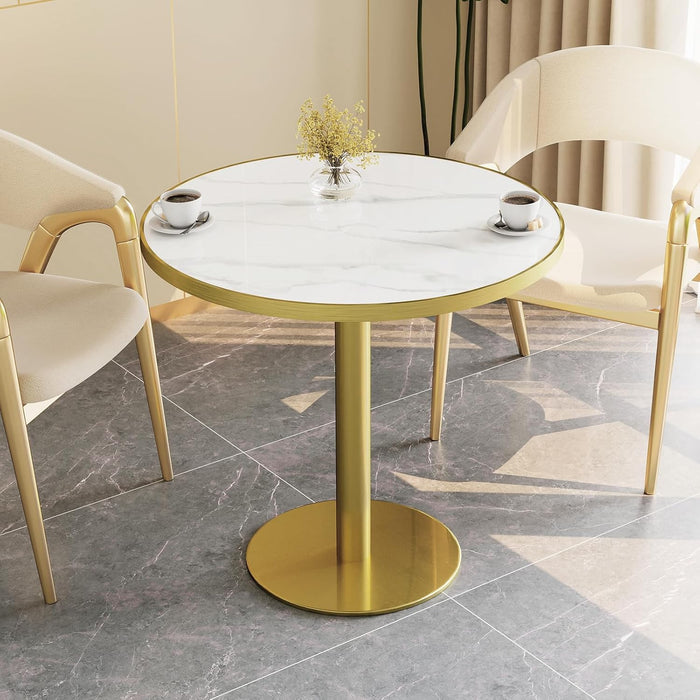 31.5" Circle Tulip Table with Sintered Stone Tabletop, Gold Edge & Pedestal | Modern round Dining Table, Leisure Bistro Table for Kitchen, Small Places, Living Room, Cafe, Restaurant (Snow Peak Marble)