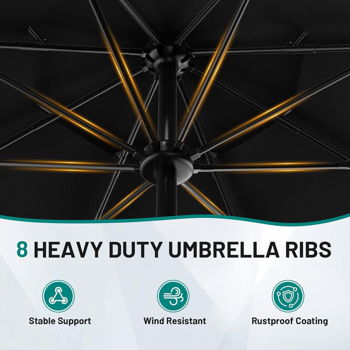 9Ft 3-Tier Patio Umbrellas, Outdoor Umbrella with 8 Sturdy Ribs UV Protection Windproof, Market Table Umbrella W/Push Button Tilt & Crank for Pool, Porch, Deck, Garden(Black)