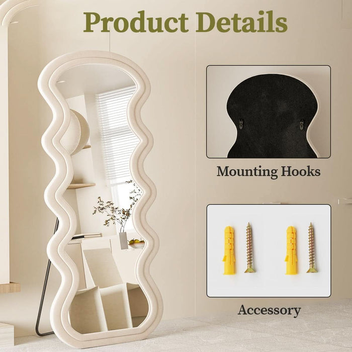 71"X32" Irregular Mirror Full Length, Large Full Body Freely Standing Mirror, Flannel Wave Floor Mirror with Stand for Bedroom, Living Room, Hanging or against the Wall, White