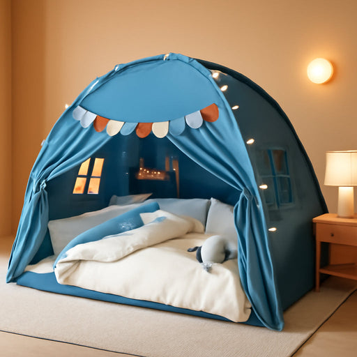 Full Size Bed Canopy for Kids, Toddler Bed Tent Dream Playhouse Privacy Floor Sleeping Tents Indoor under Bunk Bed Tent with Pennant Banners, Kid House Toys for Boys Girl Birthday