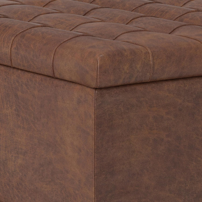 Harrison 30 Inch Wide Transitional Square Small Coffee Table Storage Ottoman in Distressed Saddle Brown Vegan Faux Leather, Assembled, for the Living Room and Bedroom