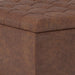 Harrison 30 Inch Wide Transitional Square Small Coffee Table Storage Ottoman in Distressed Saddle Brown Vegan Faux Leather, Assembled, for the Living Room and Bedroom