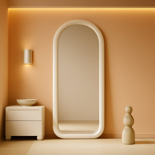 Arched Full Length Mirror, Free Standing Floor Velvet Finish Frame Mirror for Leaning or Hanging, Soft Touch Bedroom & Living Room Decor, Cream White
