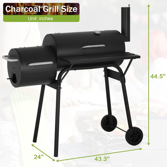 43" Charcoal Grills Outdoor BBQ Grill with Offset Smoker Camping Portable Grill Camping Barbecue Grills with Side Fire Box for 6-10 People Patio Backyard Picnic BBQ, Black