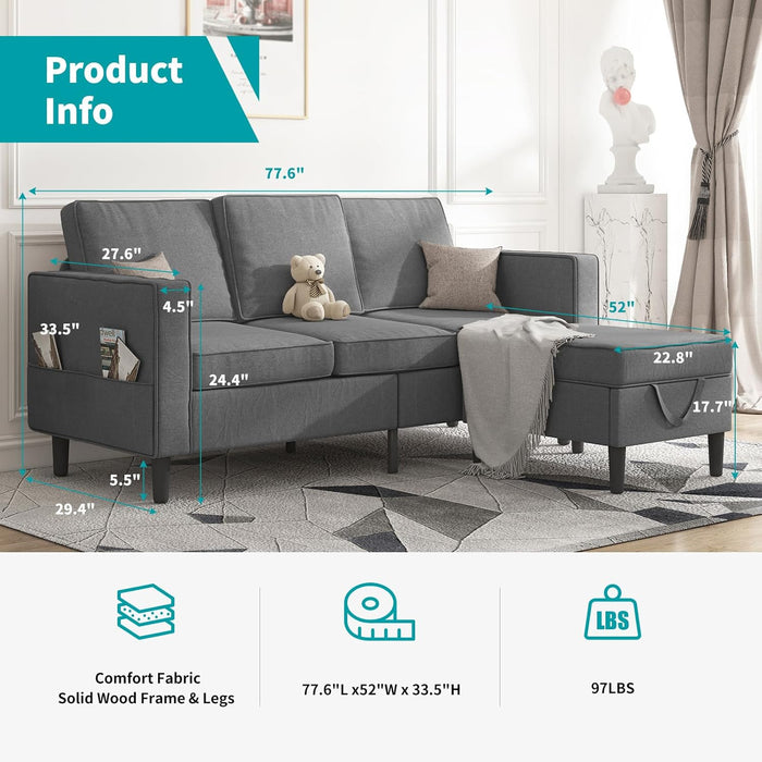 Sectional Sofa with Movable Storage Ottoman, L Shaped Couch with Side Pockets/Modern Sofas/Easy Assembly/Free Combination - Dark Grey