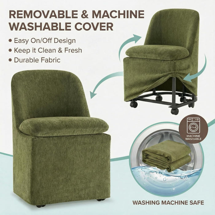 Upholstered Dining Chairs with Casters, Washable Cover Modern Dining Room Chairs with Thick Cushion & Sturdy Metal Frame for Kitchen, Living Room, Dressing Room, Green Fabric, 4PCS