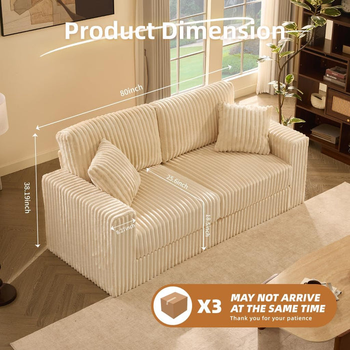 White Eighty Inch Corduroy Upholstered Sofa Cushions