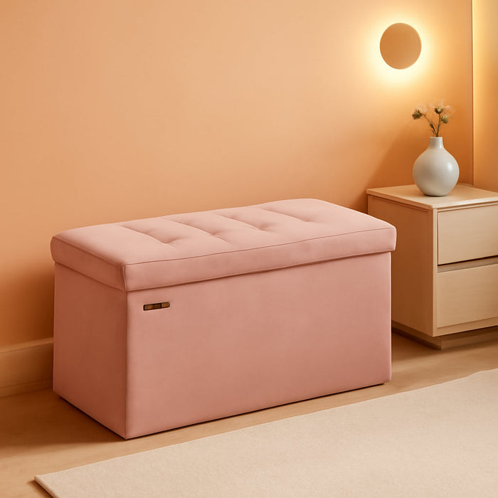 Mazie Collection - Storage Ottoman Bench, Foldable Foot Rest, 15 X 30 X 15 Inches, End of Bed Bench, Storage Chest, Load 660 Lb, Living Room, Bedroom, Entryway, Jelly Pink ULSF247R01