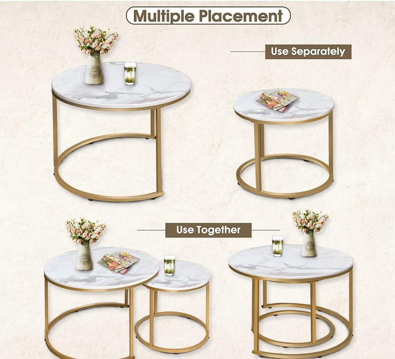 Coffee Table Nesting White Set of 2 Side Set Golden Frame Circular round and Marble Pattern Wooden Tables, Living Room Bedroom Apartment Modern Industrial Simple Nightstand