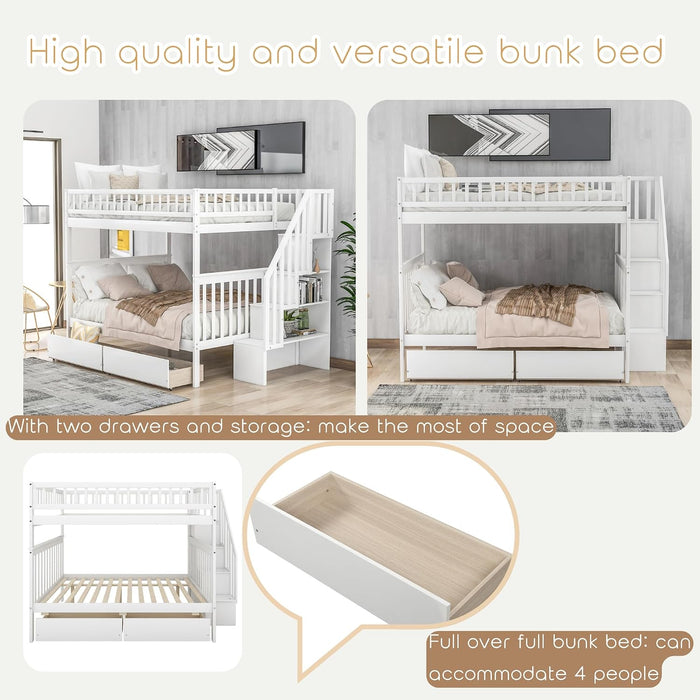 Full Over Full Bunk Bed GrayStairsWithDrawersStorageSystem