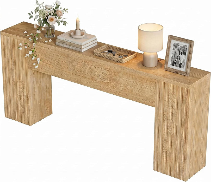 70.86" Long Fluted Console Table, Farmhouse Rectangular Entryway Table with Wooden Double Base, Narrow Wood Sofa Table behind Couch for Entrance, Hallway, Foyer, Living Room, Brown