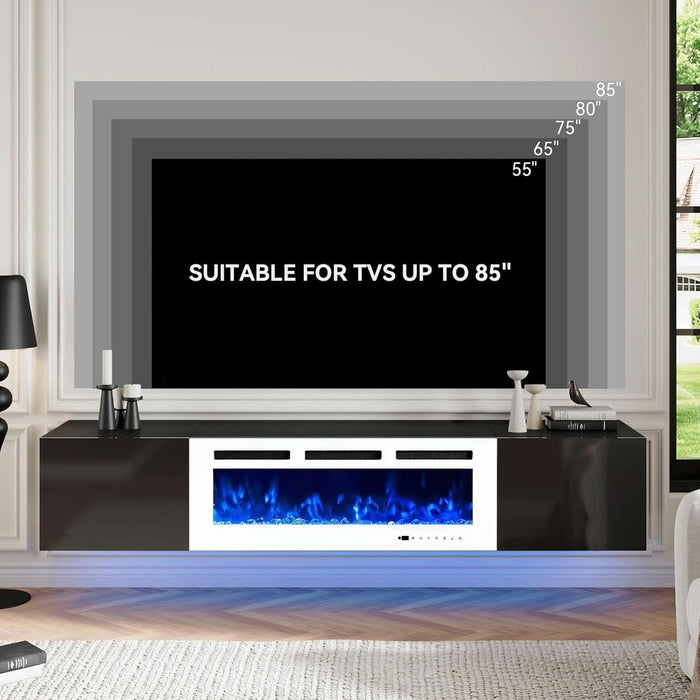 80" Floating TV Stand with 40" Electric Fireplace, Modern Entertainment Center with Storage, Adjustable 12-Color LED Lights, Fire Place TV Console for Living Room, Black+White