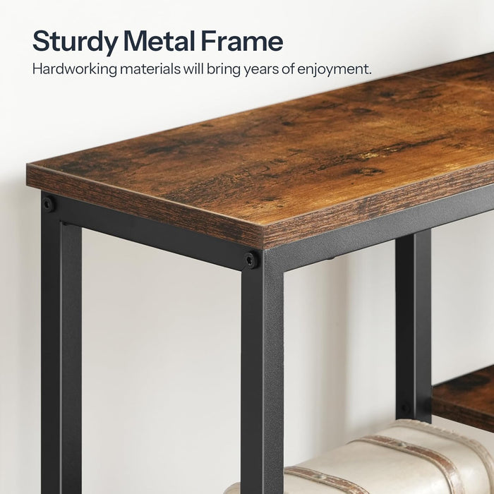 Narrow Console Table, Sofa Table, 4-Tier Industrial Entryway Table with Metal Mesh Shelf, Hallway Table with Adjustable Feet, for Entryway, Living Room, Hallway, Rustic Brown and Black BF79XG01