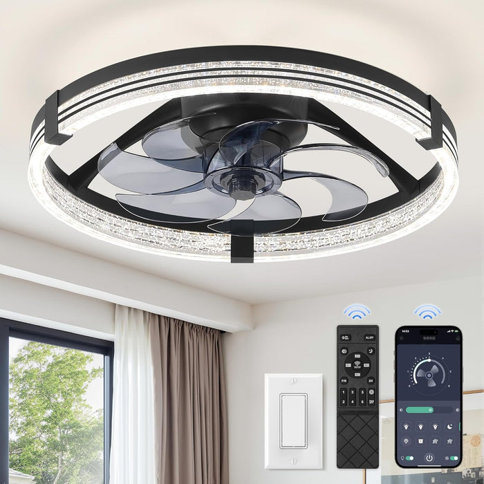Low Profile Ceiling Fans with Lights, Flush Mount Modern Ceiling Fan and Remote Control, 20" LED Ceiling Fans, Stepless Dimmable 3 Colors and 6 Speeds (Black, 20")